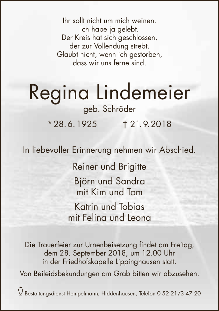  Traueranzeige für Regina Lindemeier vom 24.09.2018 aus Neue Westfälische