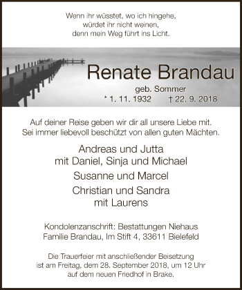 Traueranzeige von Renate Brandau von Neue Westfälische