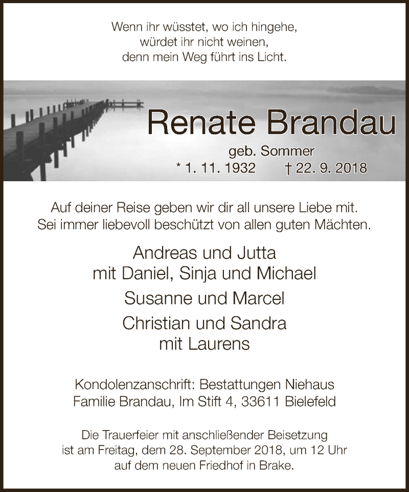  Traueranzeige für Renate Brandau vom 25.09.2018 aus Neue Westfälische