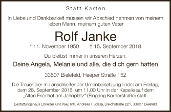 Traueranzeige von Rolf Janke von Neue Westfälische