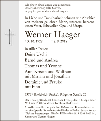 Traueranzeige von Werner Haeger von Neue Westfälische