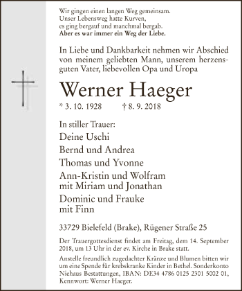 Traueranzeige von Werner Haeger von Neue Westfälische