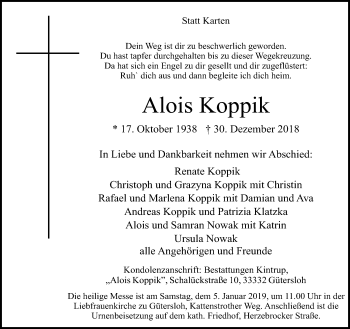 Traueranzeige von Alois Koppik von Neue Westfälische