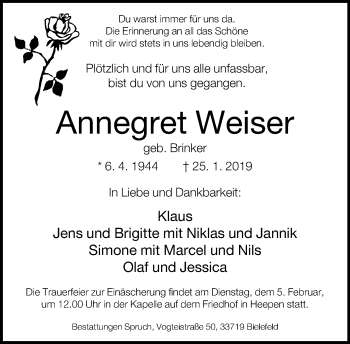 Traueranzeige von Annegret Weiser von Neue Westfälische