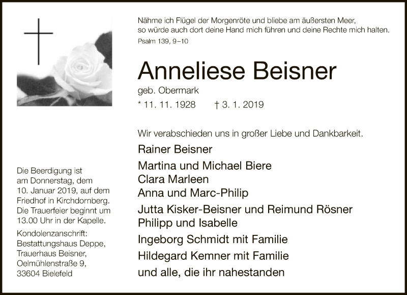  Traueranzeige für Anneliese Beisner vom 05.01.2019 aus Neue Westfälische