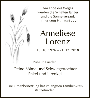 Traueranzeige von Anneliese Lorenz von Neue Westfälische