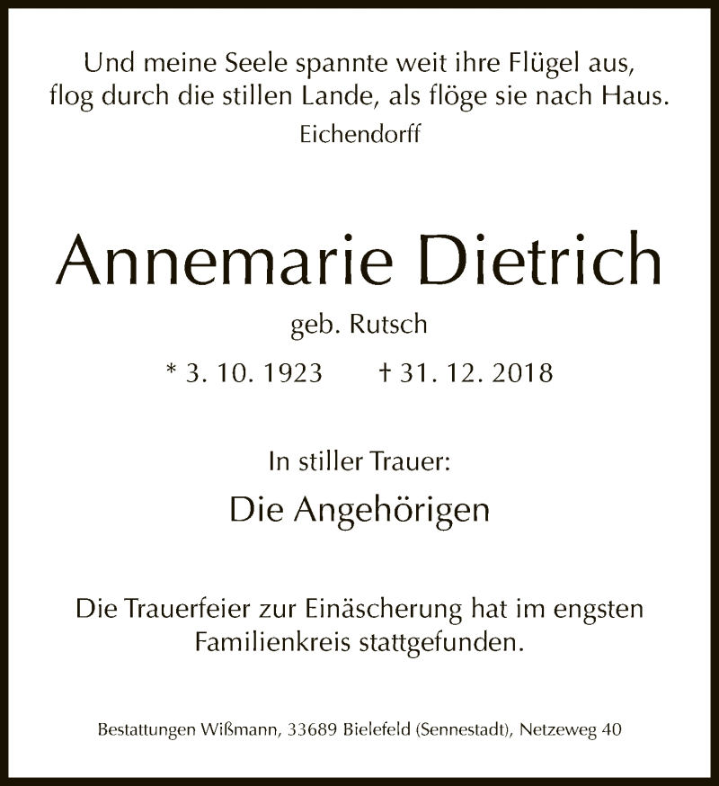  Traueranzeige für Annemarie Dietrich vom 12.01.2019 aus Neue Westfälische