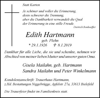 Traueranzeige von Edith Hartmann von Neue Westfälische