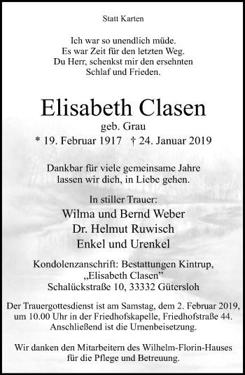 Traueranzeige von Elisabeth Clasen von Neue Westfälische