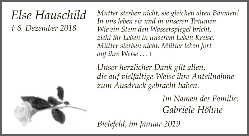  Traueranzeige für Else Hauschild vom 19.01.2019 aus Neue Westfälische