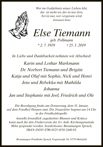 Traueranzeige von Else Tiemann von Neue Westfälische