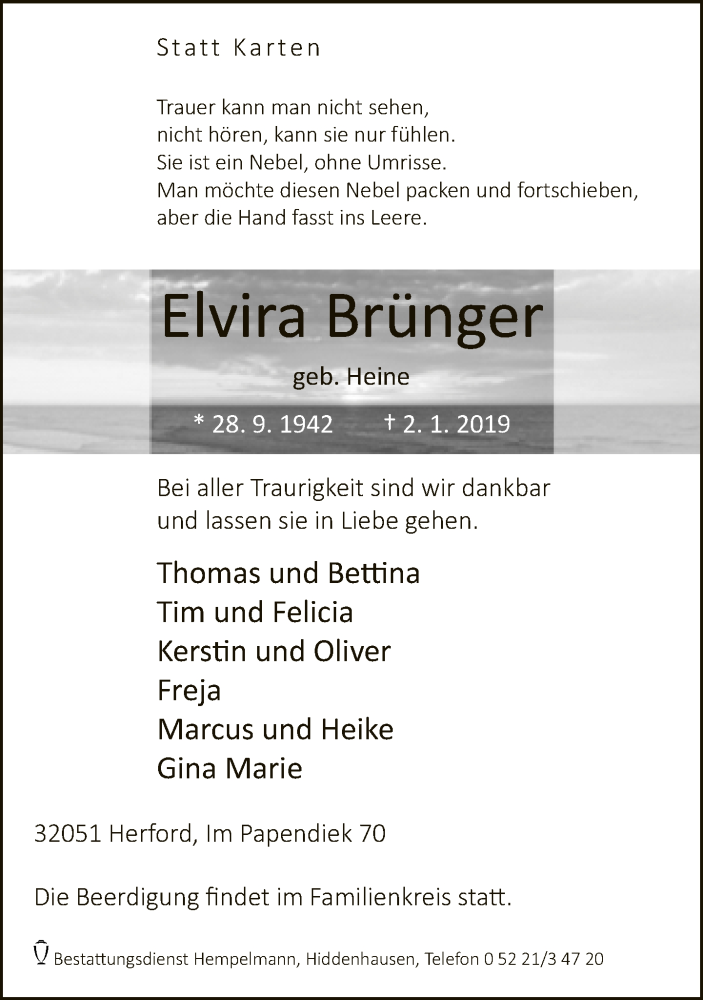  Traueranzeige für Elvira Brünger vom 05.01.2019 aus Neue Westfälische