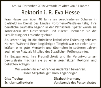 Traueranzeige von Eva Hesse von Neue Westfälische