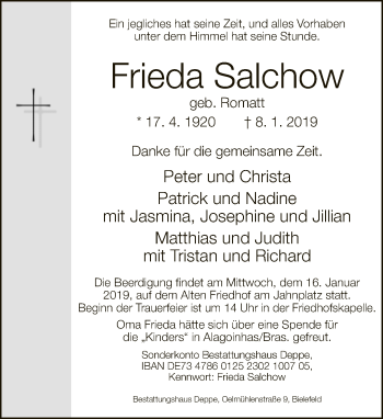 Traueranzeige von Frieda Salchow von Neue Westfälische