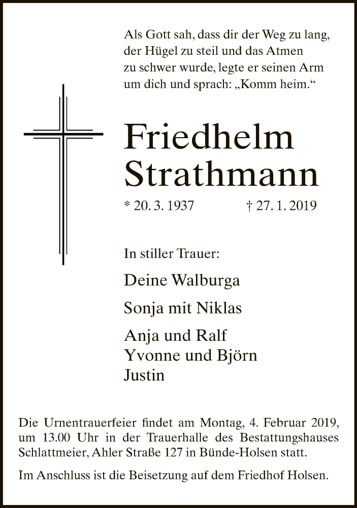  Traueranzeige für Friedhelm Strathmann vom 30.01.2019 aus Neue Westfälische