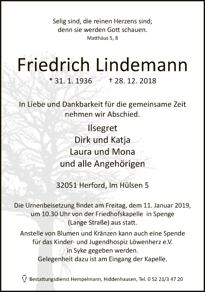  Traueranzeige für Friedrich Lindemann vom 02.01.2019 aus Neue Westfälische