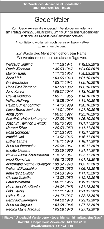 Traueranzeige von Gedenkfeier  von Neue Westfälische