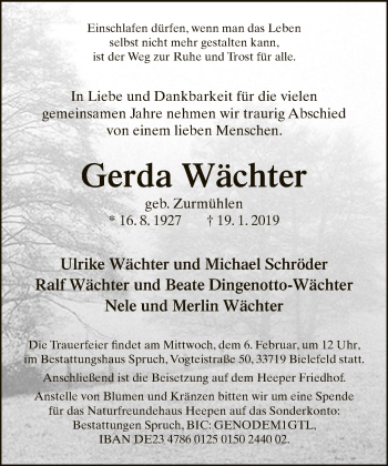 Traueranzeige von Gerda Wächter von Neue Westfälische