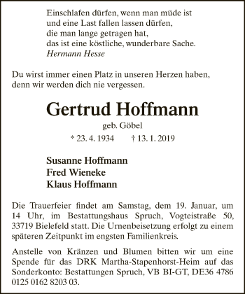 Traueranzeige von Gertrud Hoffmann von Neue Westfälische