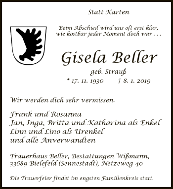 Traueranzeige von Gisela Beller von Neue Westfälische