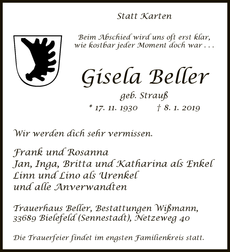  Traueranzeige für Gisela Beller vom 12.01.2019 aus Neue Westfälische