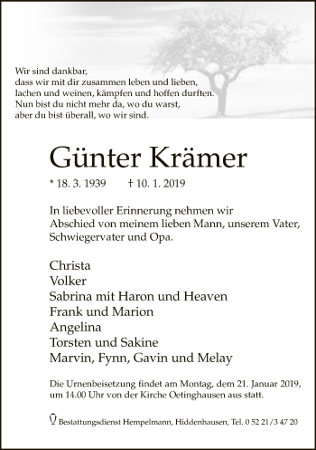 Traueranzeige von Günter Krämer von Neue Westfälische