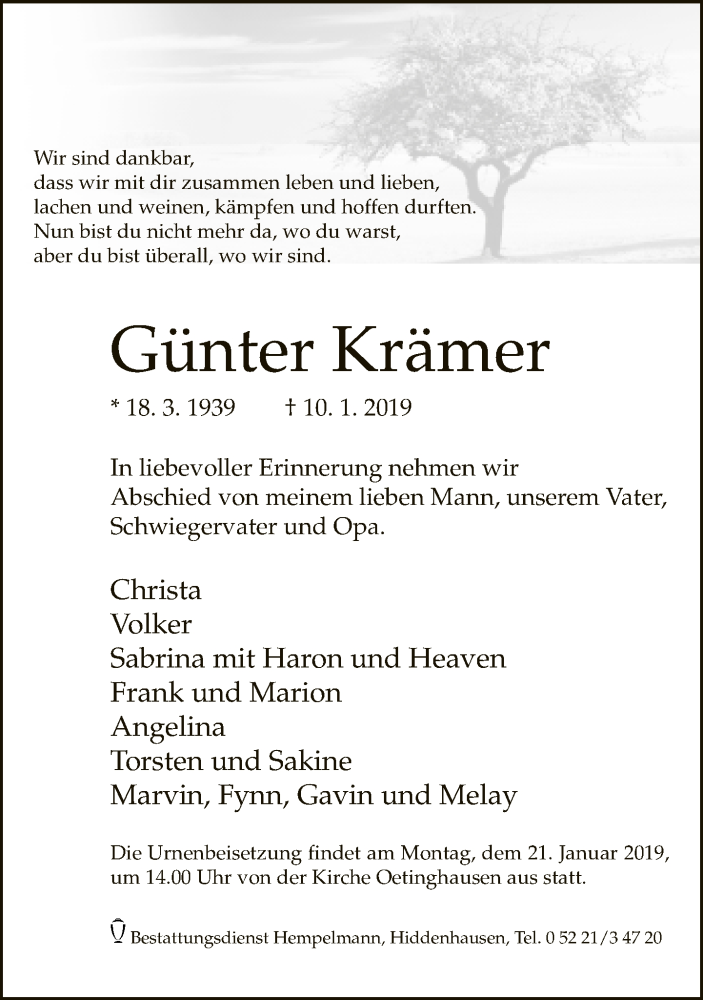  Traueranzeige für Günter Krämer vom 12.01.2019 aus Neue Westfälische