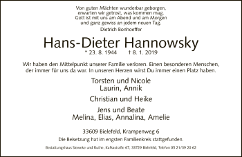 Traueranzeige von Hans-Dieter Hannowsky von Neue Westfälische