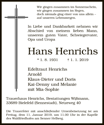Traueranzeige von Hans Henrichs von Neue Westfälische