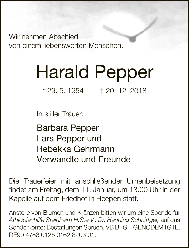  Traueranzeige für Harald Pepper vom 05.01.2019 aus Neue Westfälische