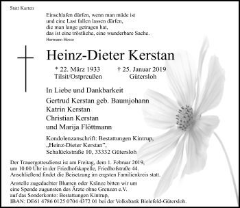 Traueranzeige von Heinz-Dieter Kerstan von Neue Westfälische