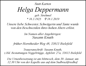 Traueranzeige von Helga Deppermann von Neue Westfälische