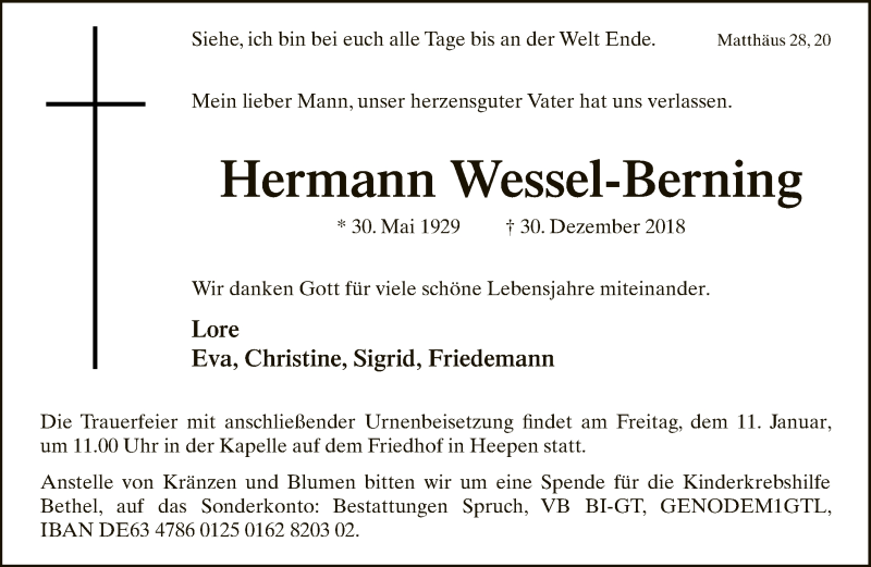  Traueranzeige für Hermann Wessel-Berning vom 05.01.2019 aus Neue Westfälische