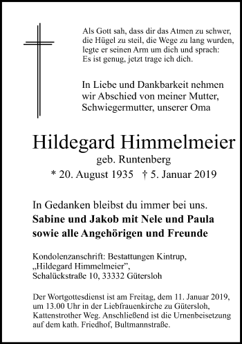 Traueranzeige von Hildegard Himmelmeier von Neue Westfälische