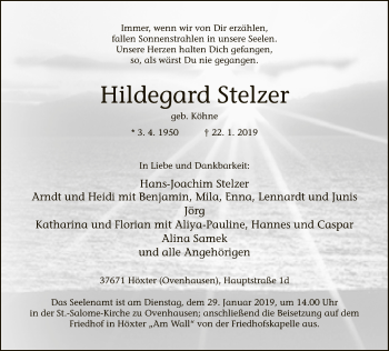 Traueranzeige von Hildegard Stelzer von Neue Westfälische