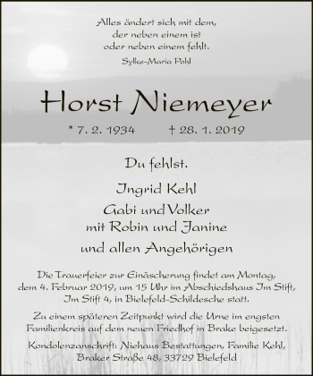 Traueranzeige von Horst Niemeyer von Neue Westfälische