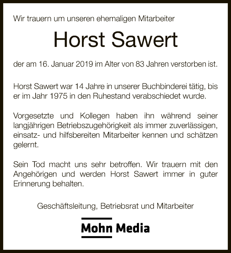  Traueranzeige für Horst Sawert vom 30.01.2019 aus Neue Westfälische