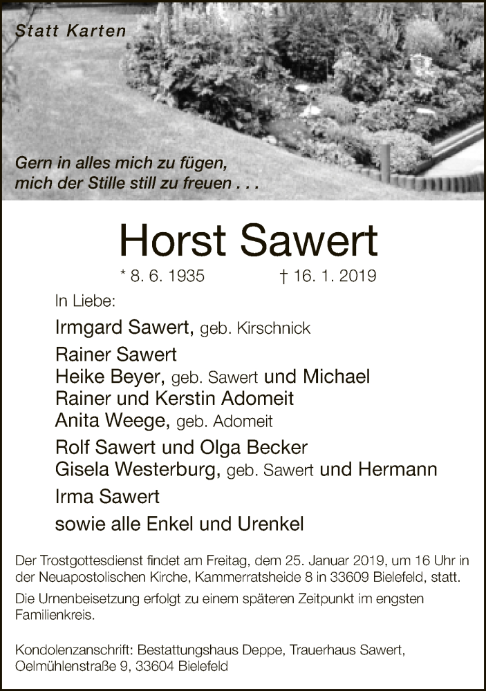  Traueranzeige für Horst Sawert vom 19.01.2019 aus Neue Westfälische