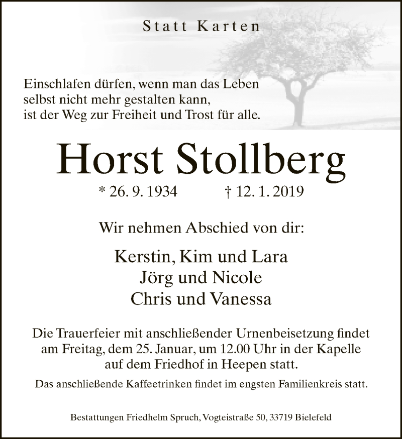  Traueranzeige für Horst Stollberg vom 19.01.2019 aus Neue Westfälische