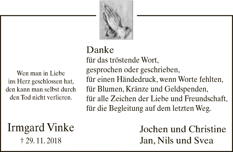  Traueranzeige für Irmgard Vinke vom 12.01.2019 aus Neue Westfälische