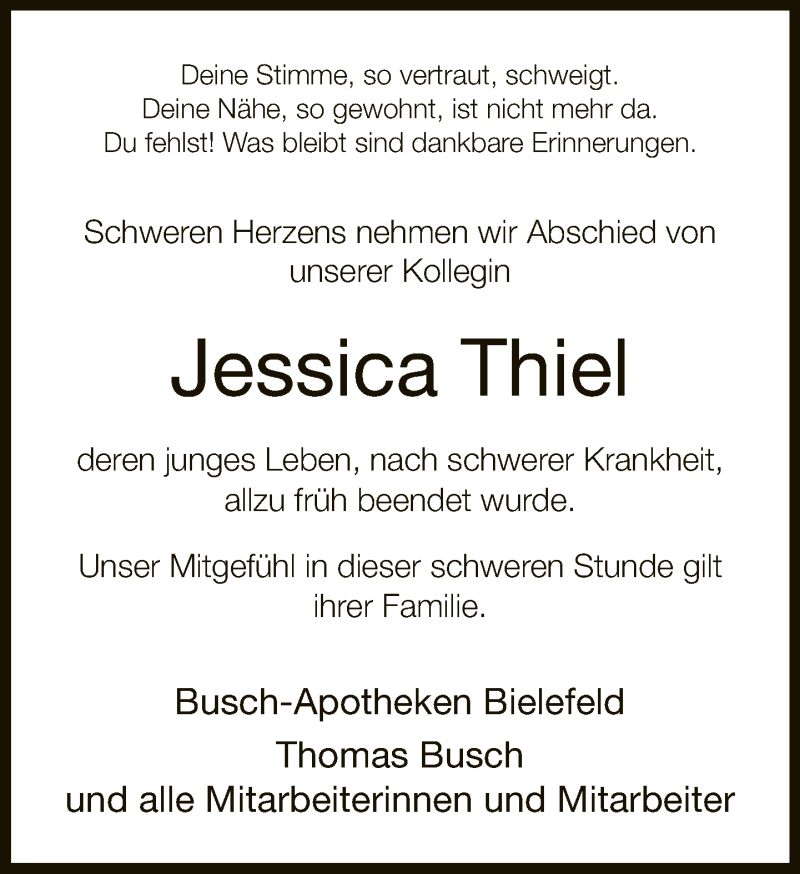  Traueranzeige für Jessica Thiel vom 05.01.2019 aus Neue Westfälische