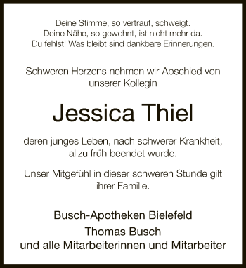 Traueranzeige von Jessica Thiel von Neue Westfälische