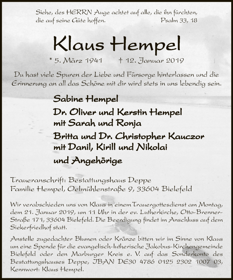 Traueranzeige für Klaus Hempel vom 16.01.2019 aus Neue Westfälische