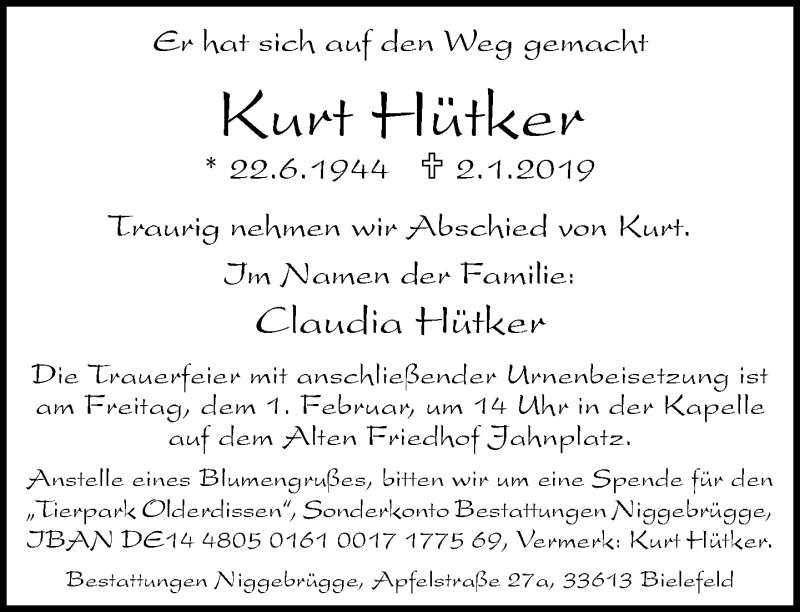  Traueranzeige für Kurt Hütker vom 19.01.2019 aus Neue Westfälische