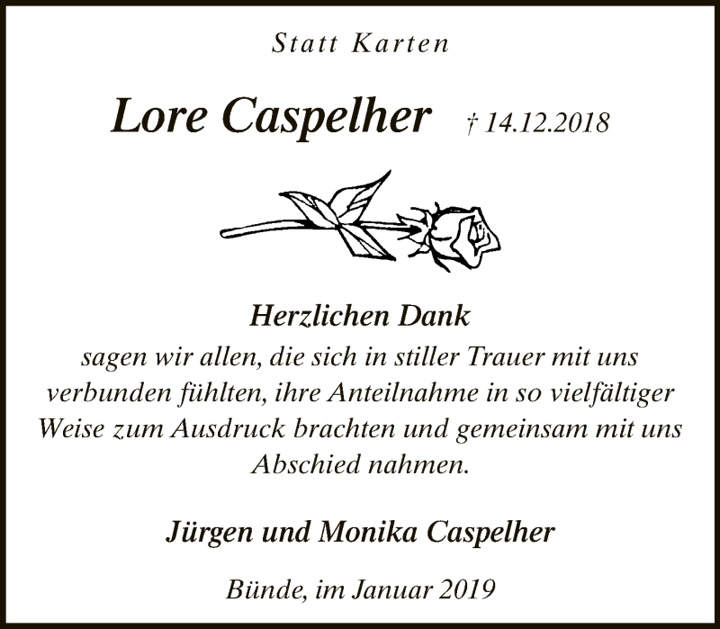  Traueranzeige für Lore Caspelher vom 19.01.2019 aus Neue Westfälische