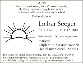 Traueranzeige von Lothar Seeger von Neue Westfälische