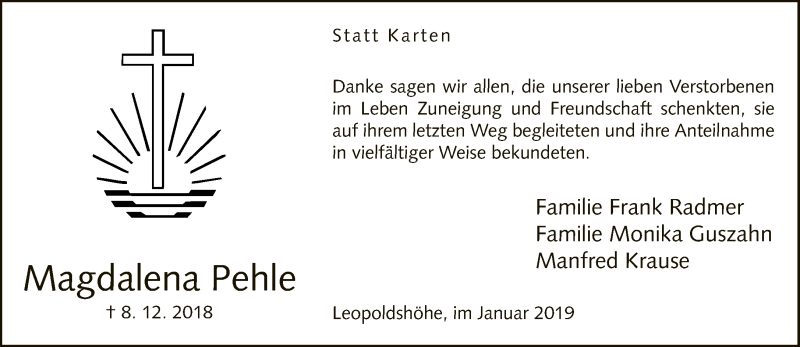 Traueranzeige für Magdalena Pehle vom 12.01.2019 aus Neue Westfälische