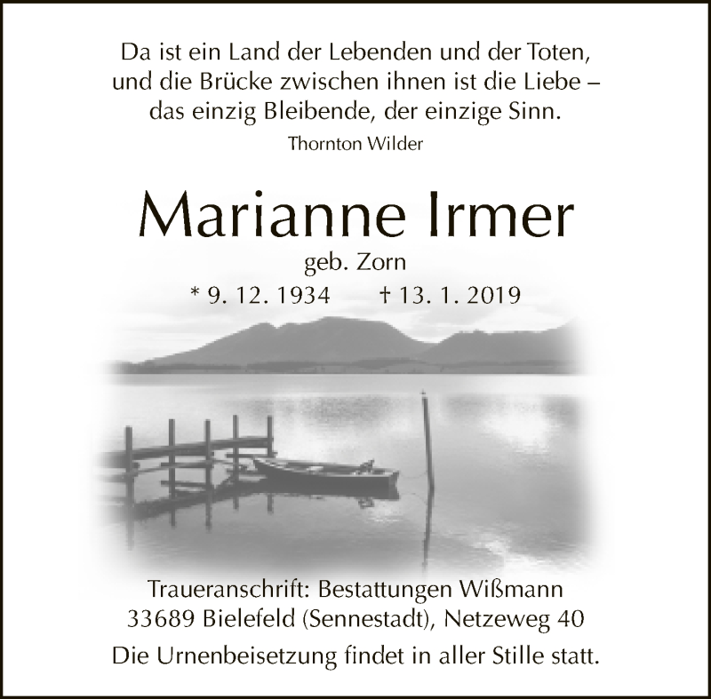  Traueranzeige für Marianne Irmer vom 19.01.2019 aus Neue Westfälische