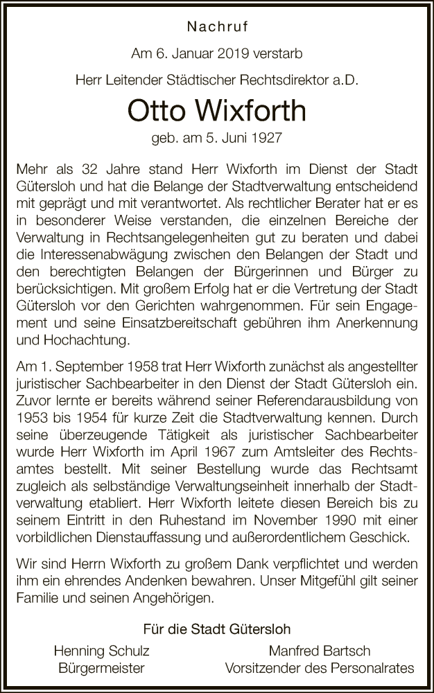  Traueranzeige für Otto Wixforth vom 12.01.2019 aus Neue Westfälische