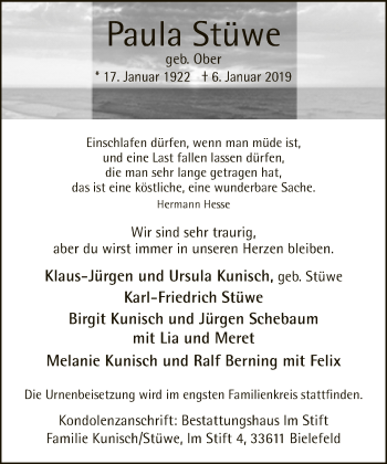 Traueranzeige von Paula Stüwe von Neue Westfälische